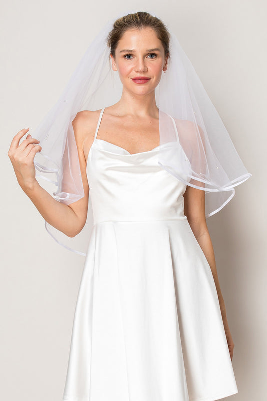 Ruby Pearl Two Layer Waist Length Ribbon Edge Wedding Veil