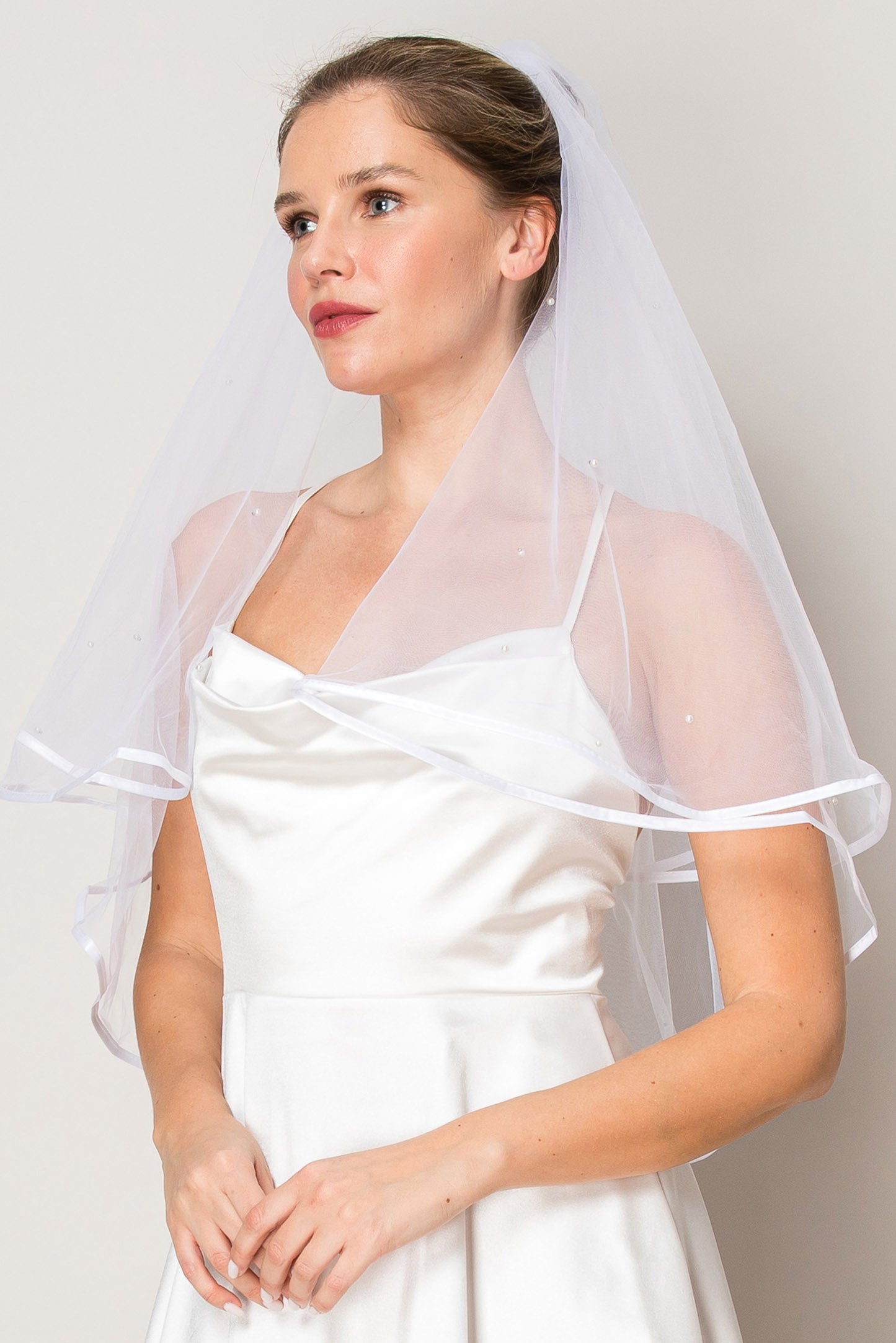 Ruby Pearl Two Layer Waist Length Ribbon Edge Wedding Veil