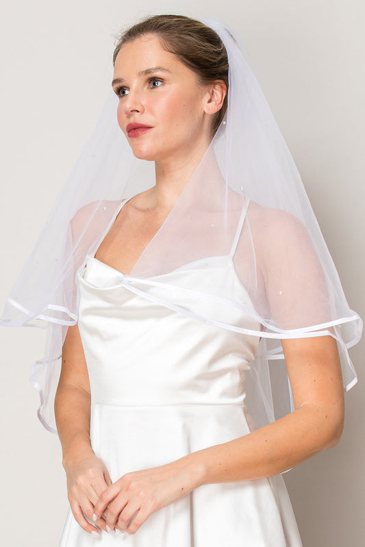 Ruby Pearl Two Layer Waist Length Ribbon Edge Wedding Veil