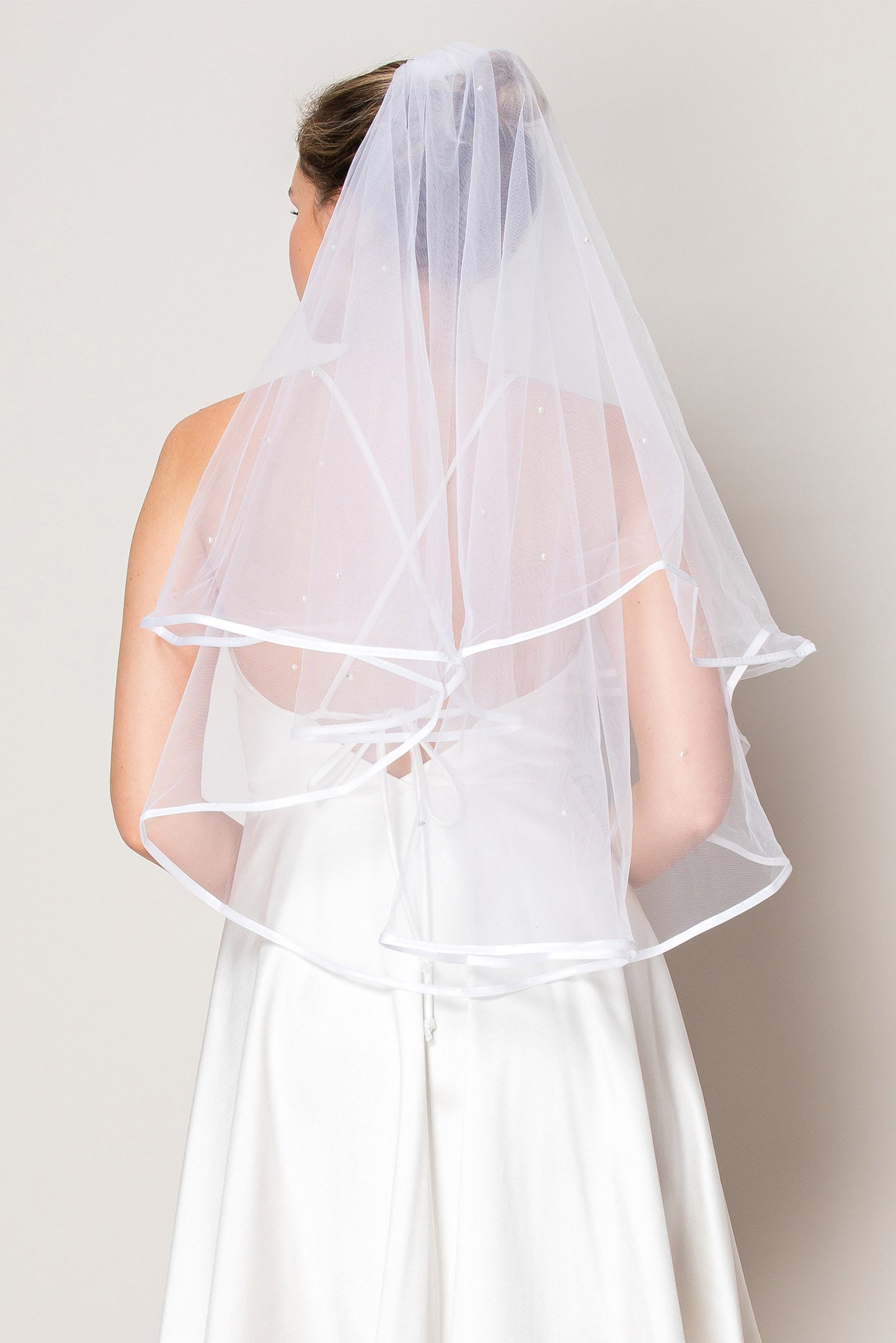 Ruby Pearl Two Layer Waist Length Ribbon Edge Wedding Veil