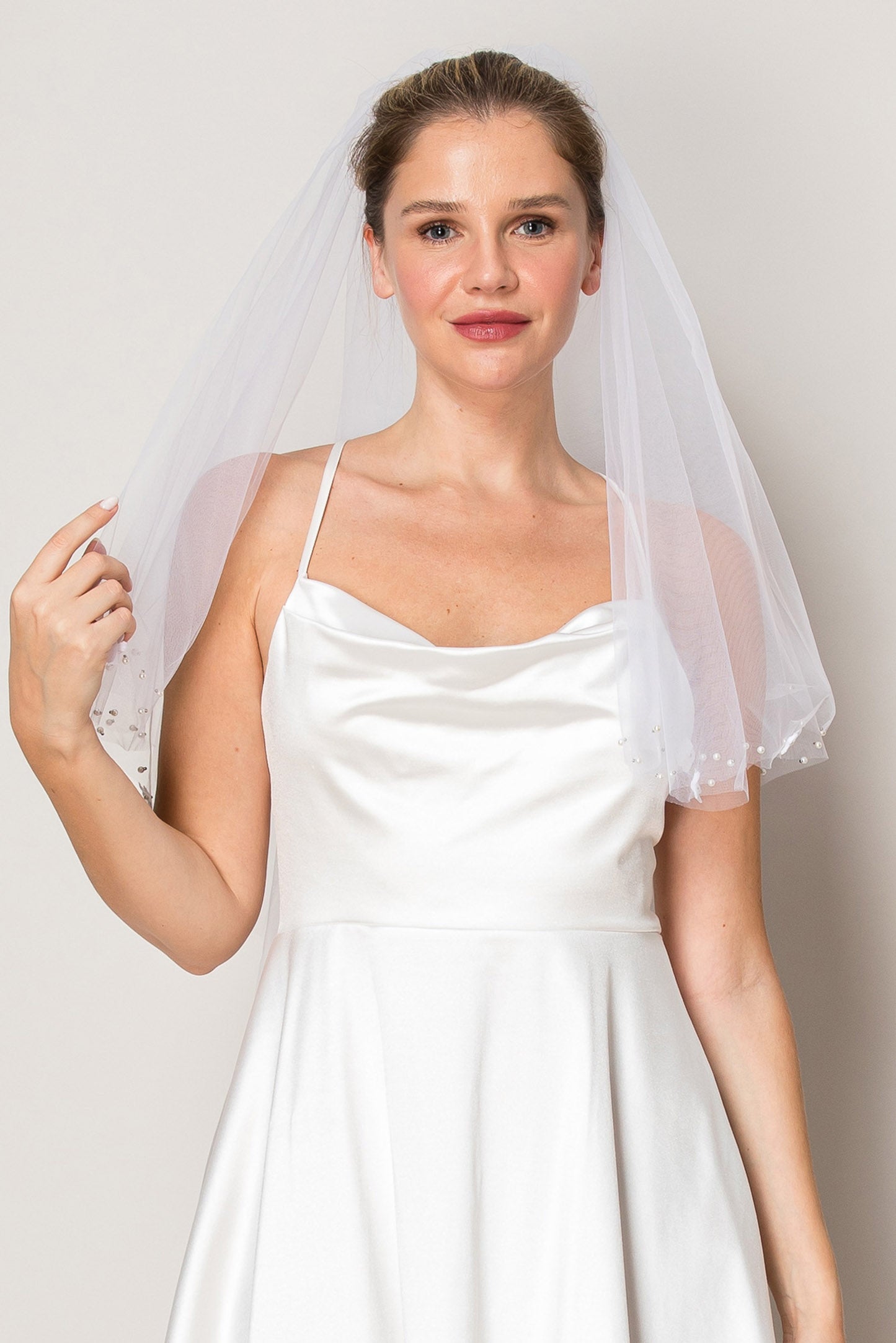 Kelly Floral Scattered Pearl Two Layer Waist Length Wedding Veil