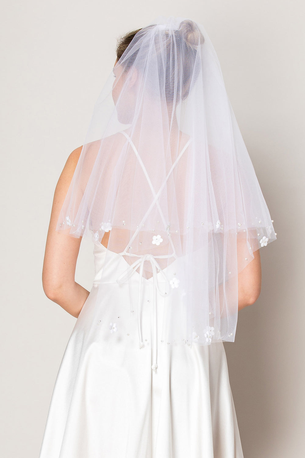 Kelly Floral Scattered Pearl Two Layer Waist Length Wedding Veil