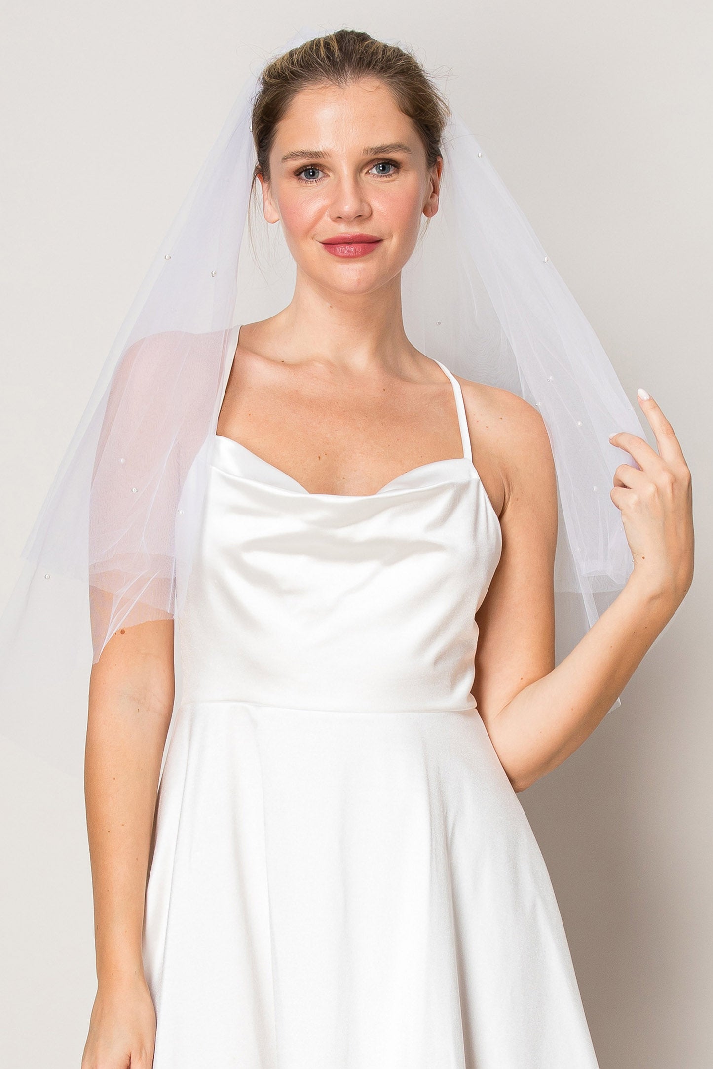 Hailey Scattered Pearl Two Layer Waist Length Wedding Veil