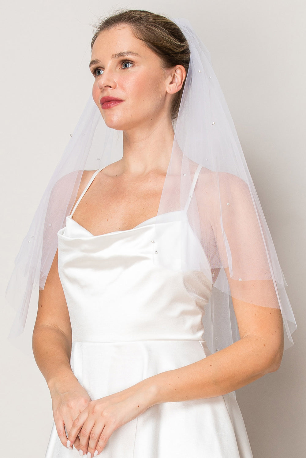 Hailey Scattered Pearl Two Layer Waist Length Wedding Veil