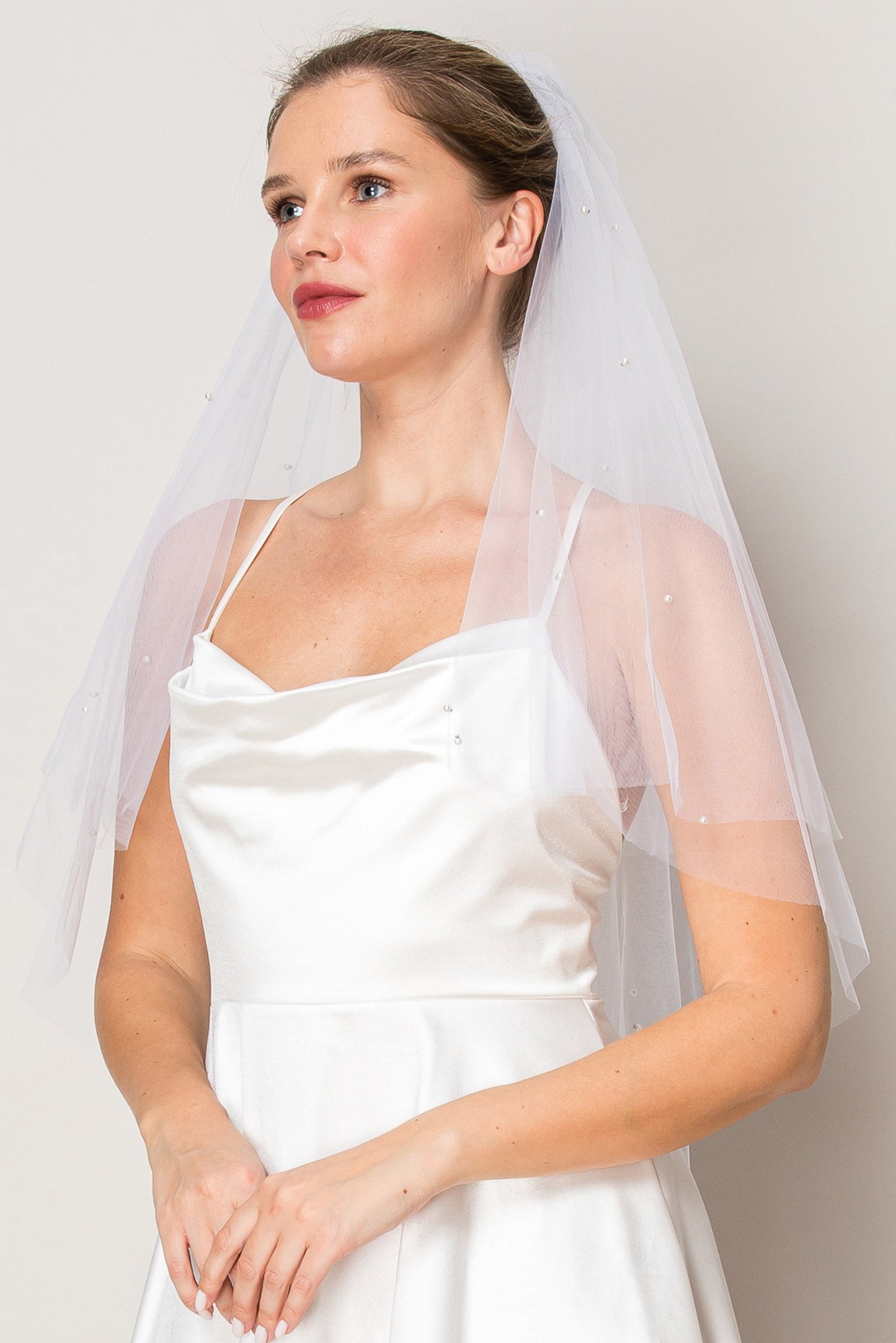 Hailey Scattered Pearl Two Layer Waist Length Wedding Veil