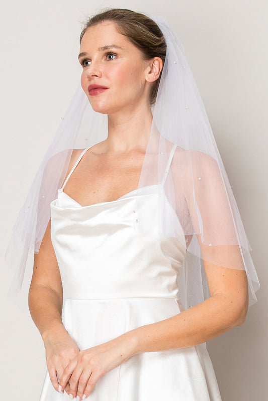 Hailey Scattered Pearl Two Layer Waist Length Wedding Veil
