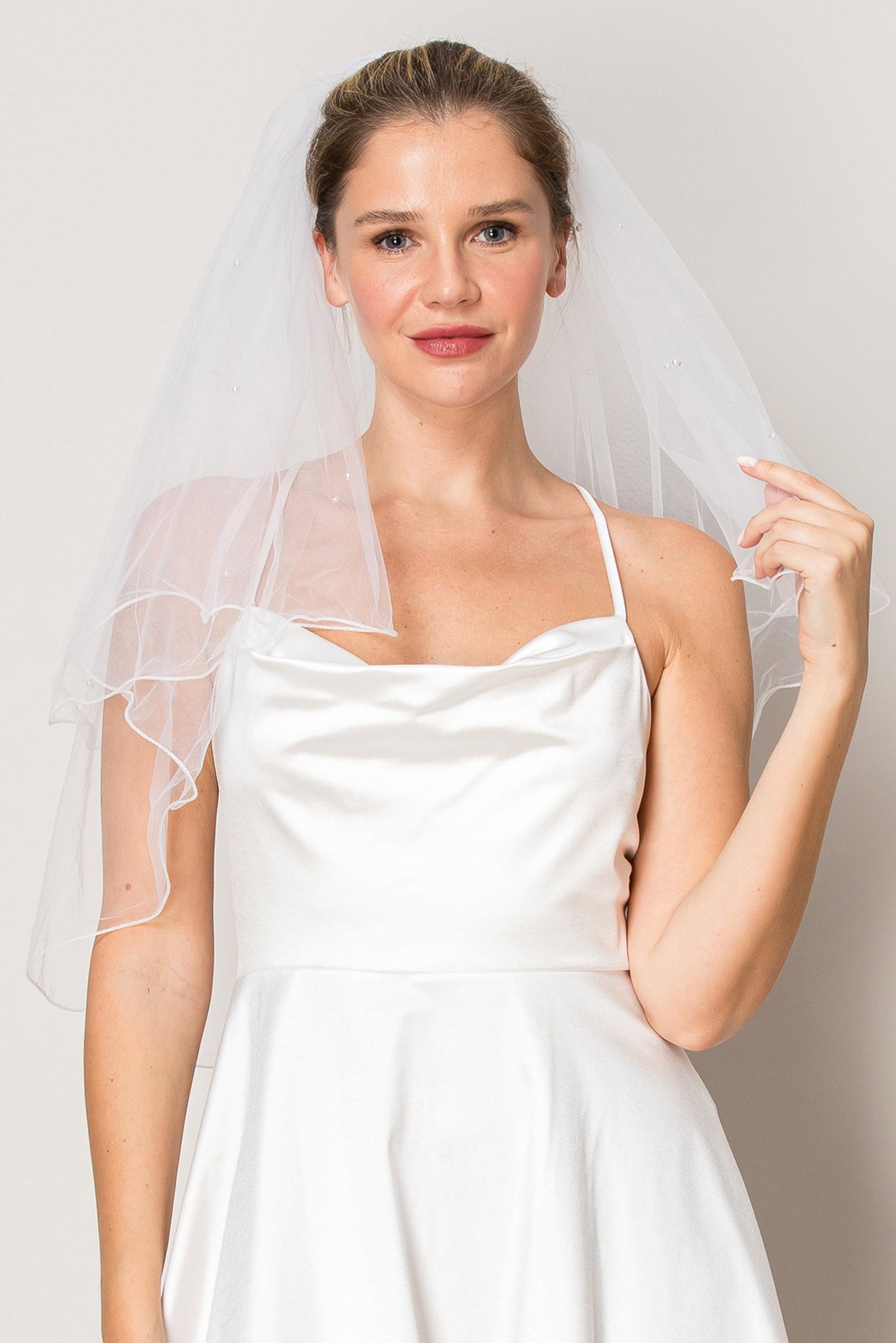 Melanie White Two Layer Scattered Pearl Waist Length Wedding Veil