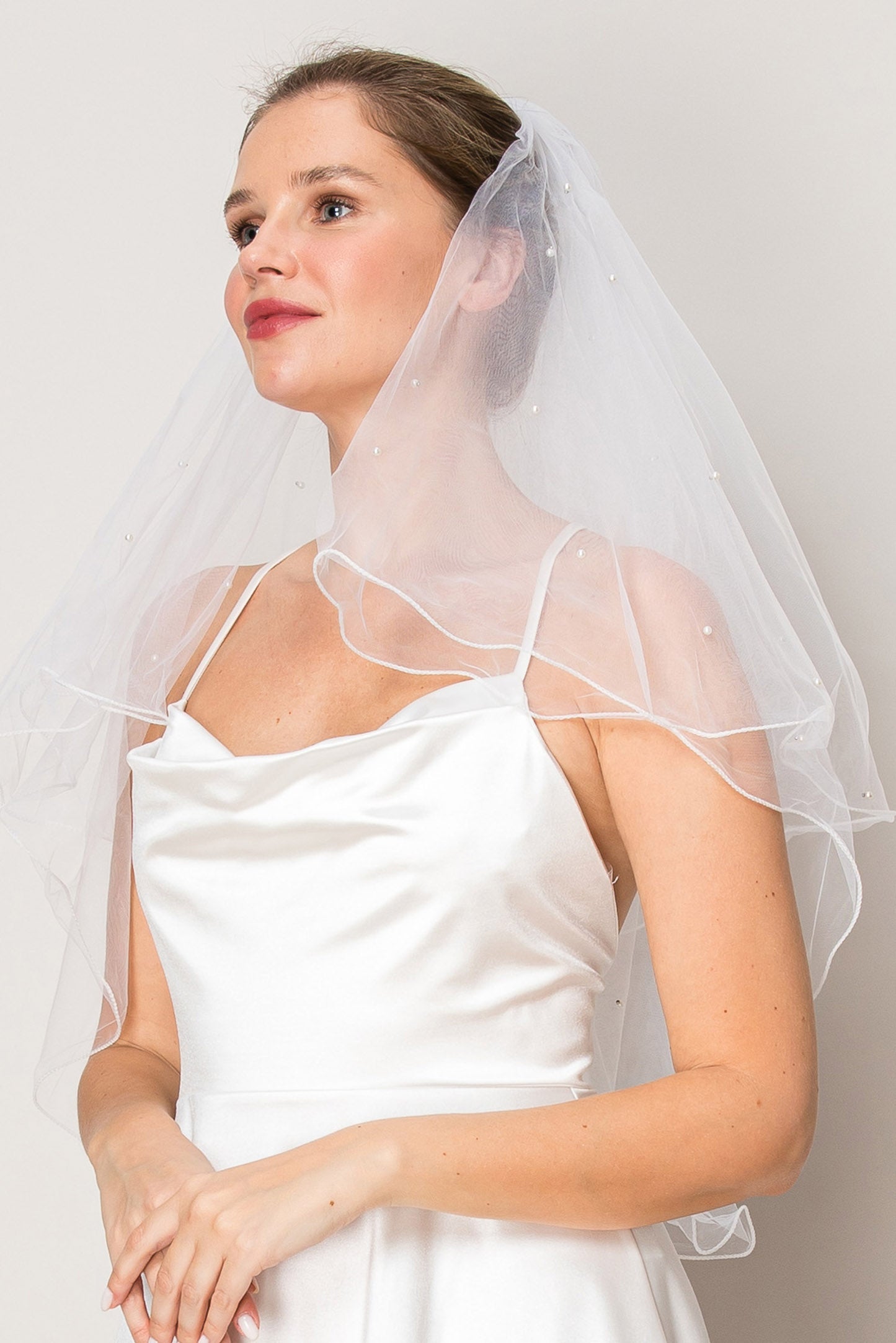 Melanie White Two Layer Scattered Pearl Waist Length Wedding Veil