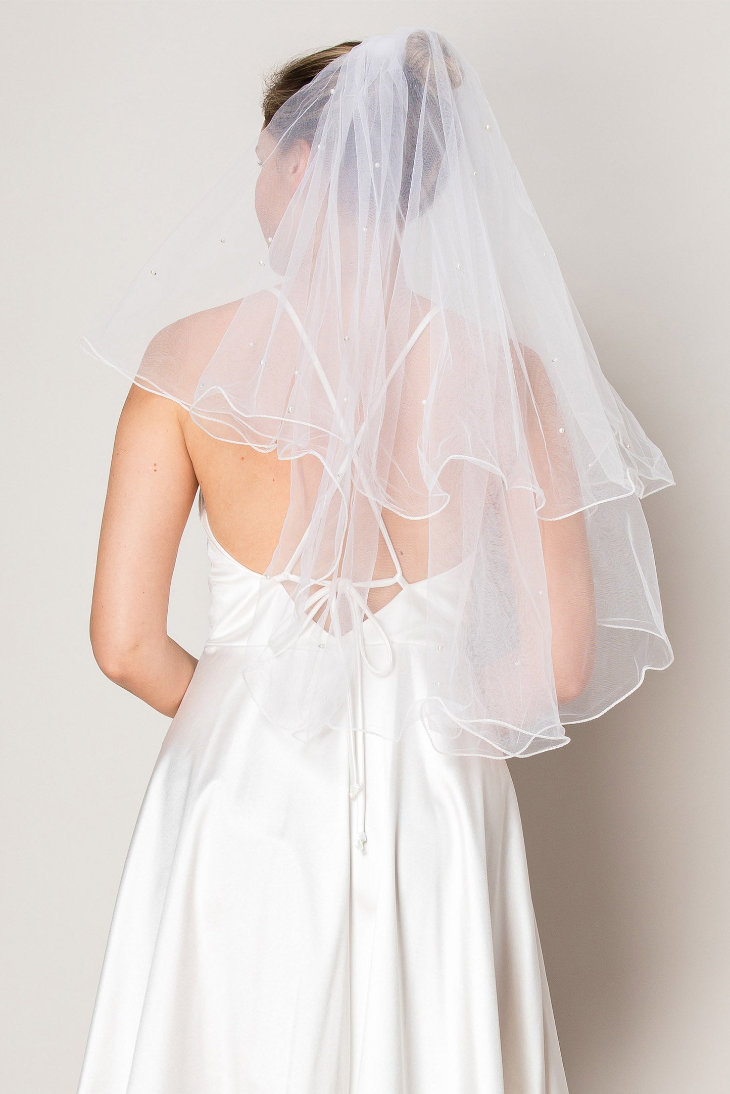 Melanie White Two Layer Scattered Pearl Waist Length Wedding Veil