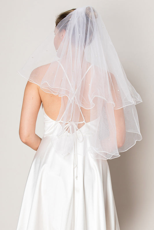 Melanie White Two Layer Scattered Pearl Waist Length Wedding Veil