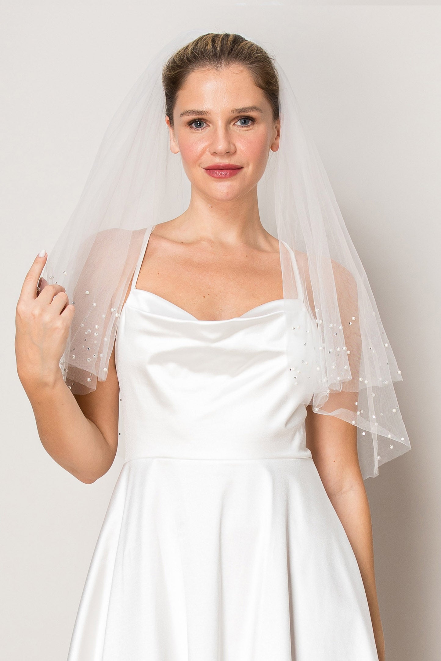 Ashley Two Layer Scattered Rhinestone and Pearl Waist Length Veil