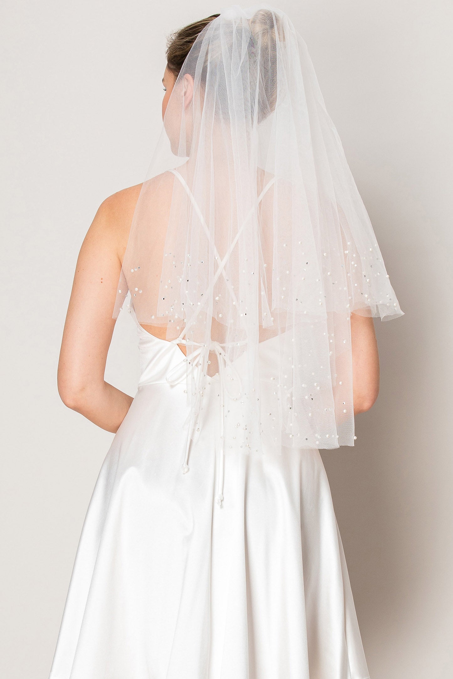 Ashley Two Layer Scattered Rhinestone and Pearl Waist Length Veil