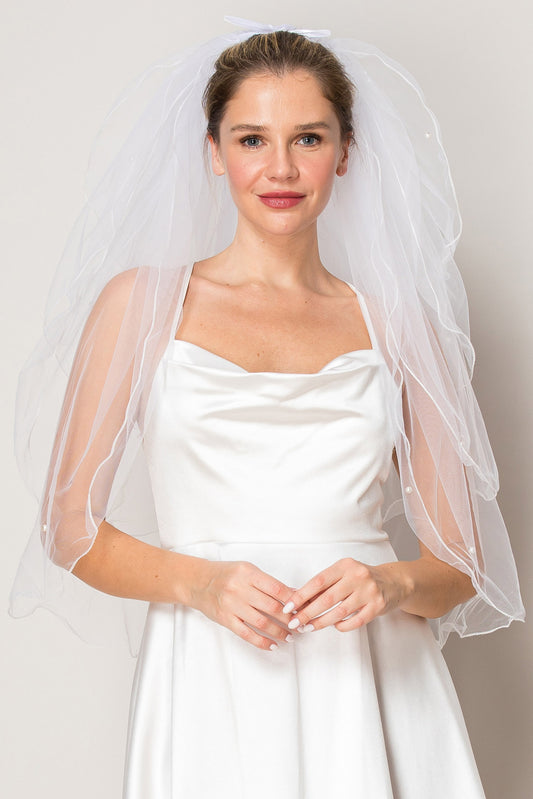 Jasmine White Four Layer Scattered Pearl Hip Length Wedding Veil