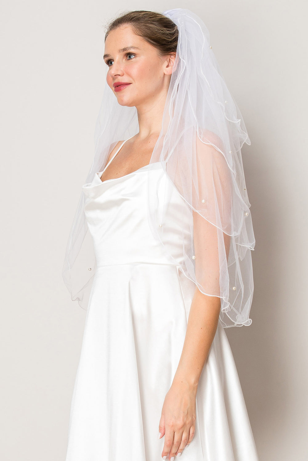 Jasmine White Four Layer Scattered Pearl Hip Length Wedding Veil