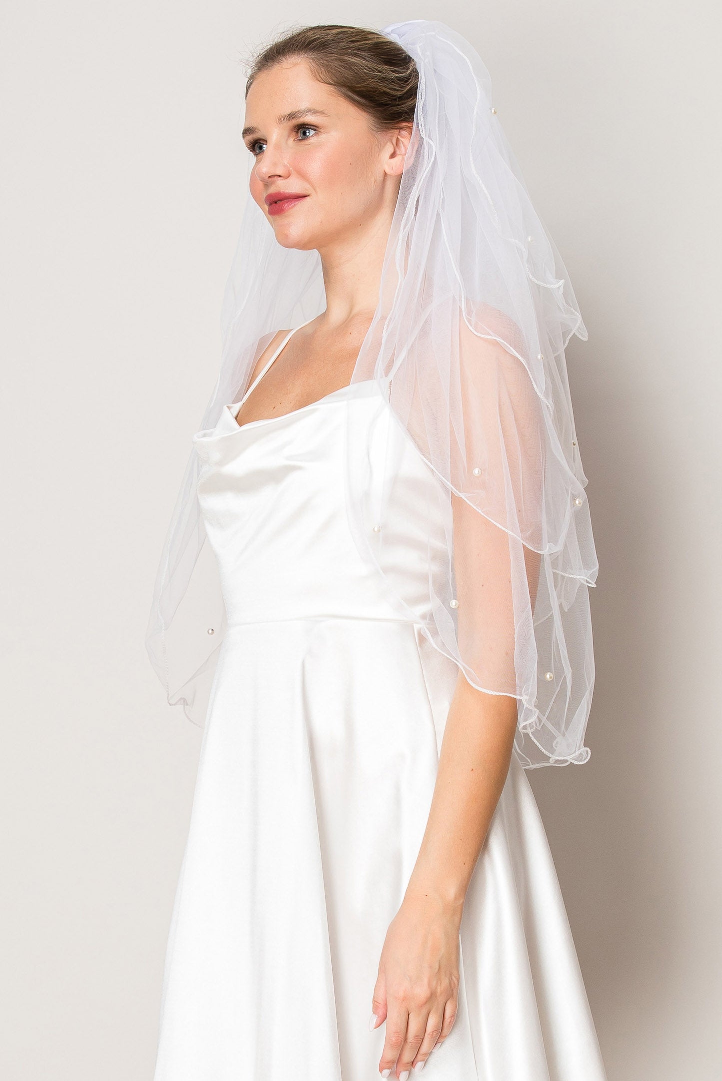 Jasmine White Four Layer Scattered Pearl Hip Length Wedding Veil