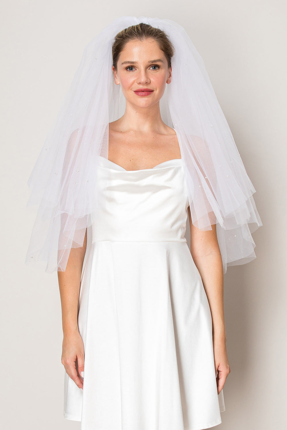 Ana White Two Layer Scattered Pearl Hip Length Wedding Veil