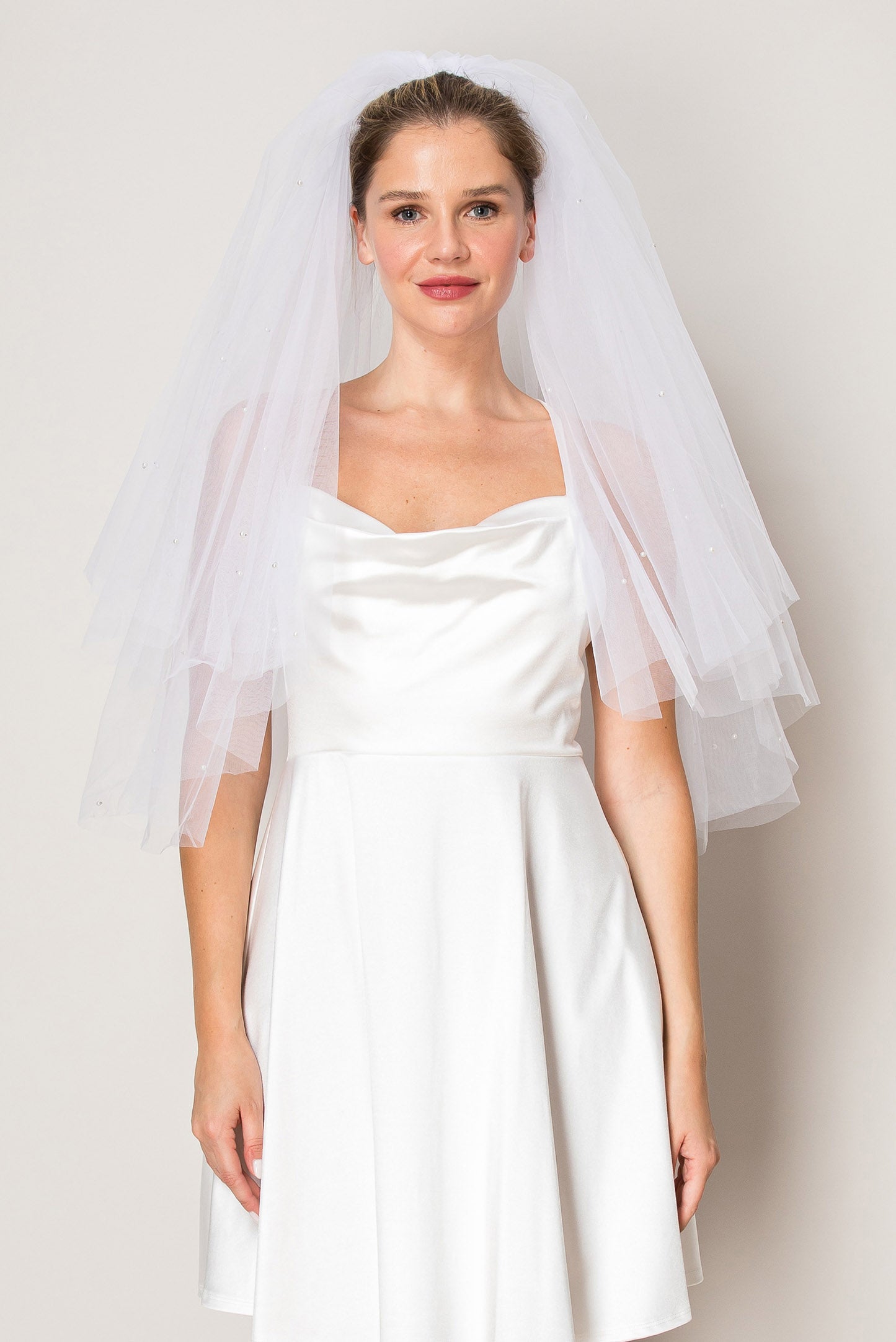 Ana White Two Layer Scattered Pearl Hip Length Wedding Veil