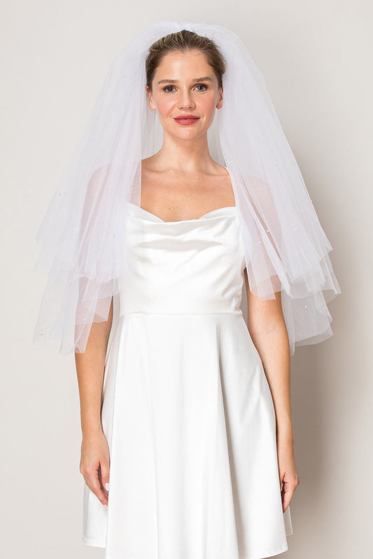 Ana White Two Layer Scattered Pearl Hip Length Wedding Veil