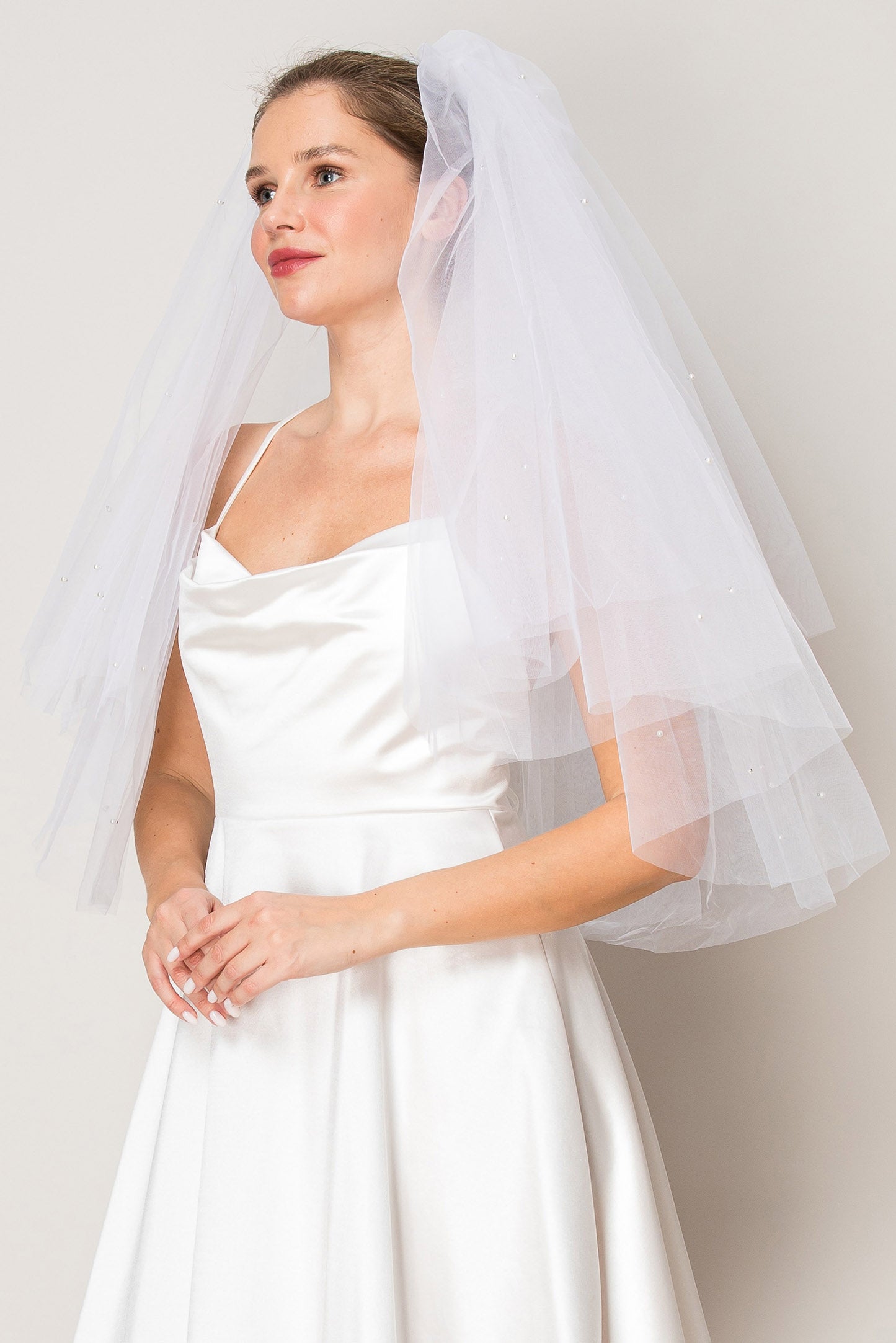 Ana White Two Layer Scattered Pearl Hip Length Wedding Veil