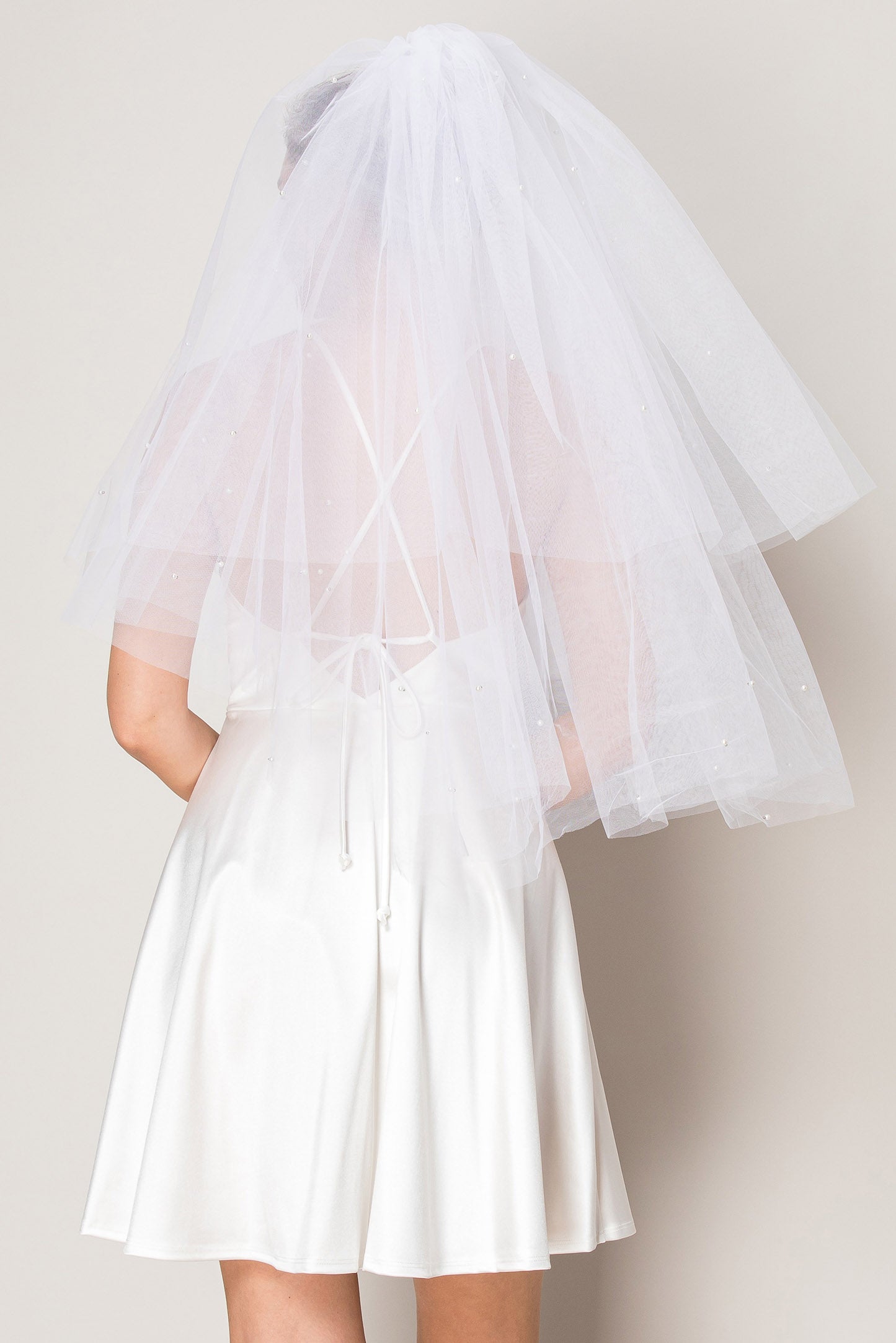 Ana White Two Layer Scattered Pearl Hip Length Wedding Veil