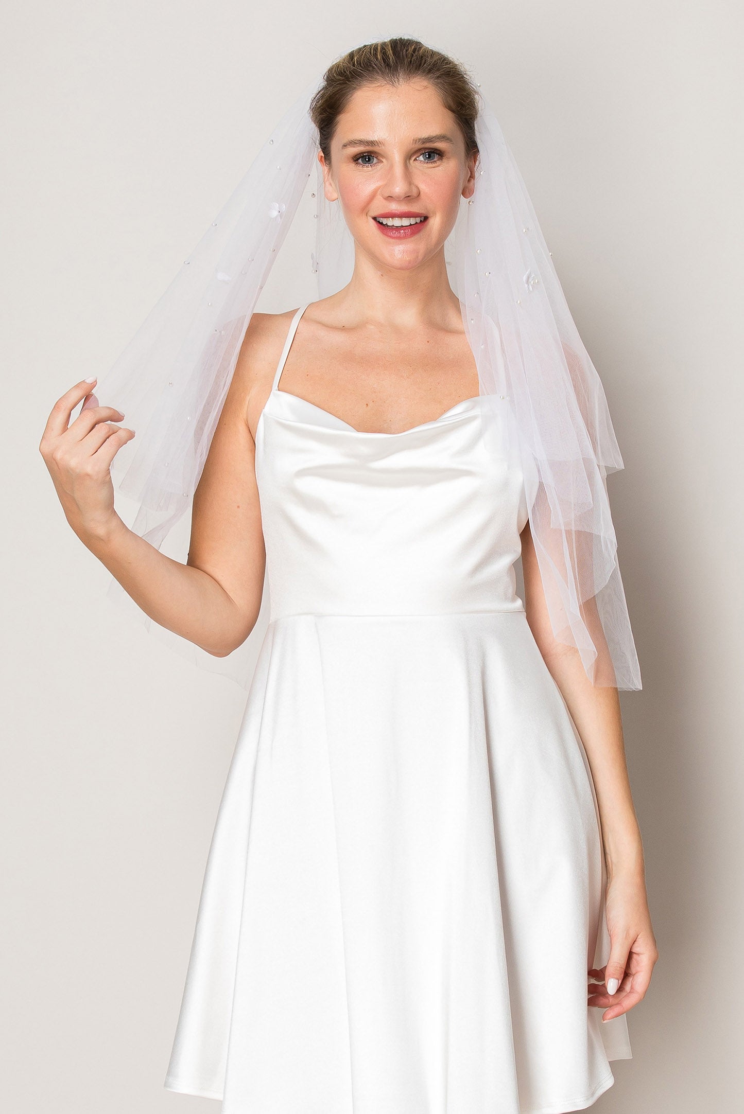 Alexandra Floral Two Layer Scattered Pearl Hip Length Wedding Veil