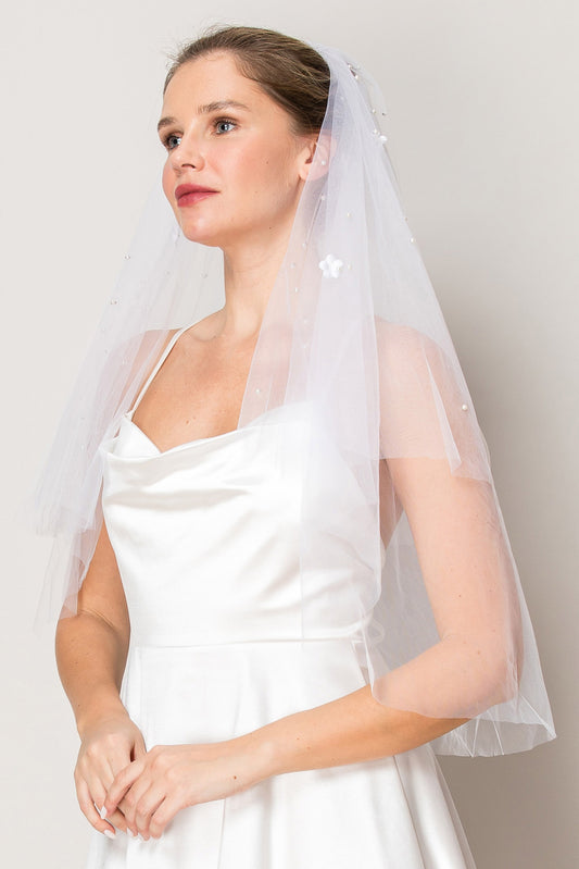 Alexandra Floral Two Layer Scattered Pearl Hip Length Wedding Veil