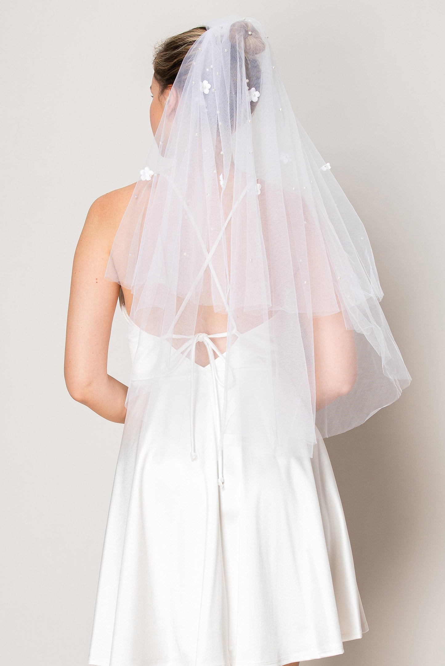 Alexandra Floral Two Layer Scattered Pearl Hip Length Wedding Veil