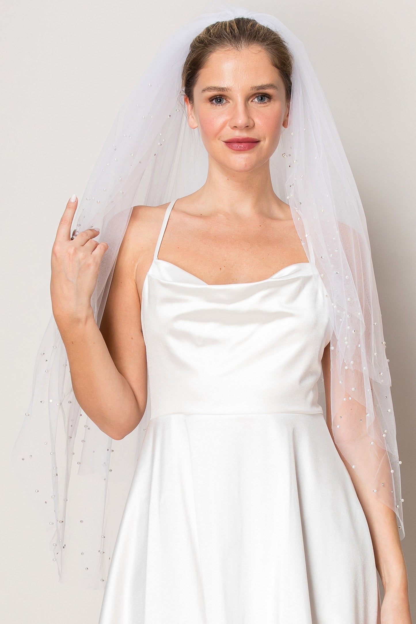 Khloe  Three Layer Crystal and Pearl Hip Length Wedding Veil