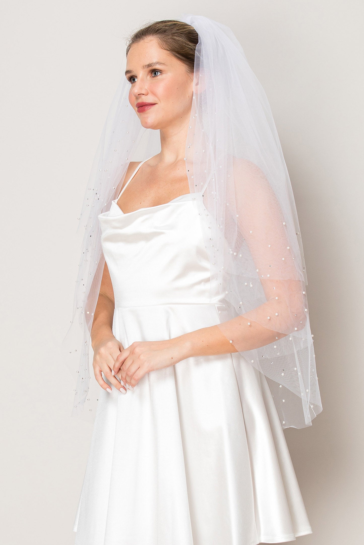 Khloe  Three Layer Crystal and Pearl Hip Length Wedding Veil