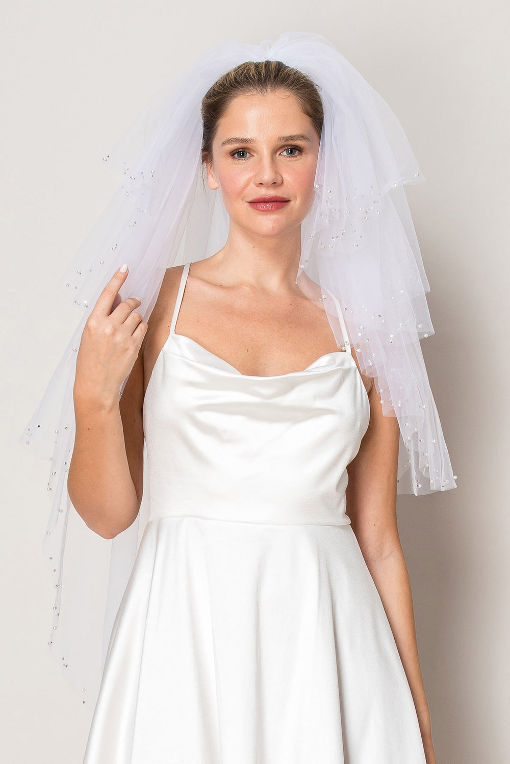 Gracie Three Layer Crystal and Pearl Hip Length Wedding Veil