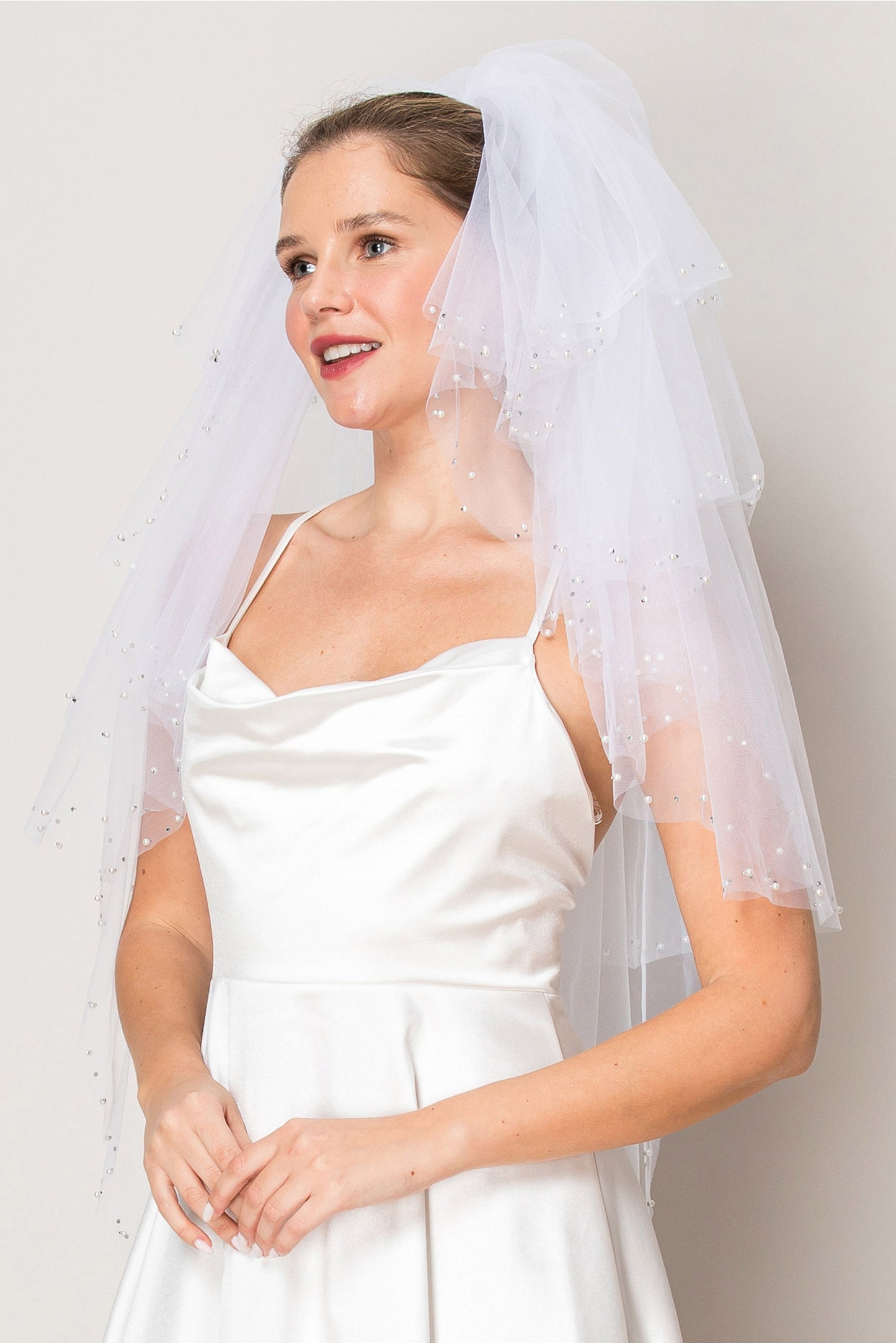 Gracie Three Layer Crystal and Pearl Hip Length Wedding Veil