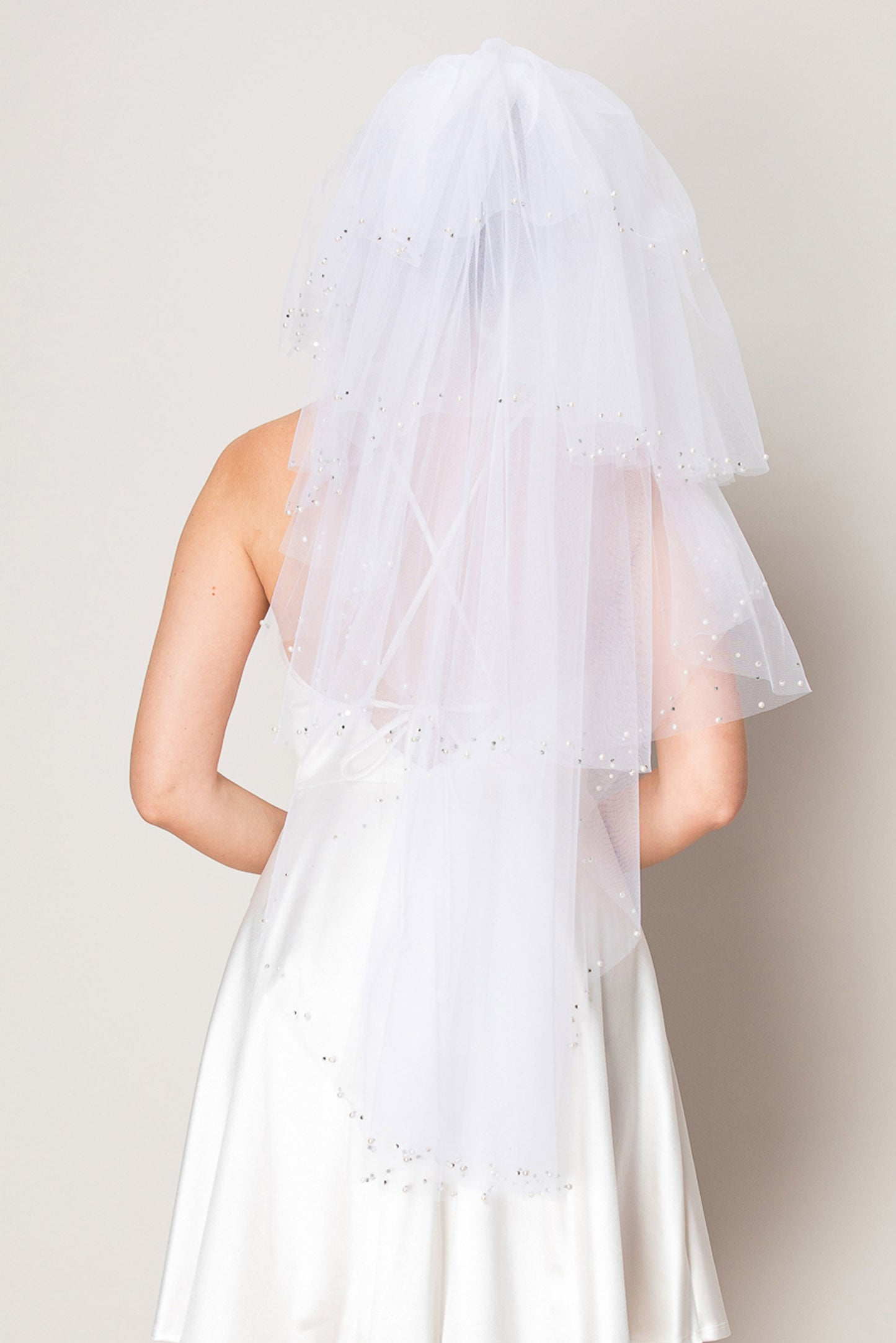 Gracie Three Layer Crystal and Pearl Hip Length Wedding Veil