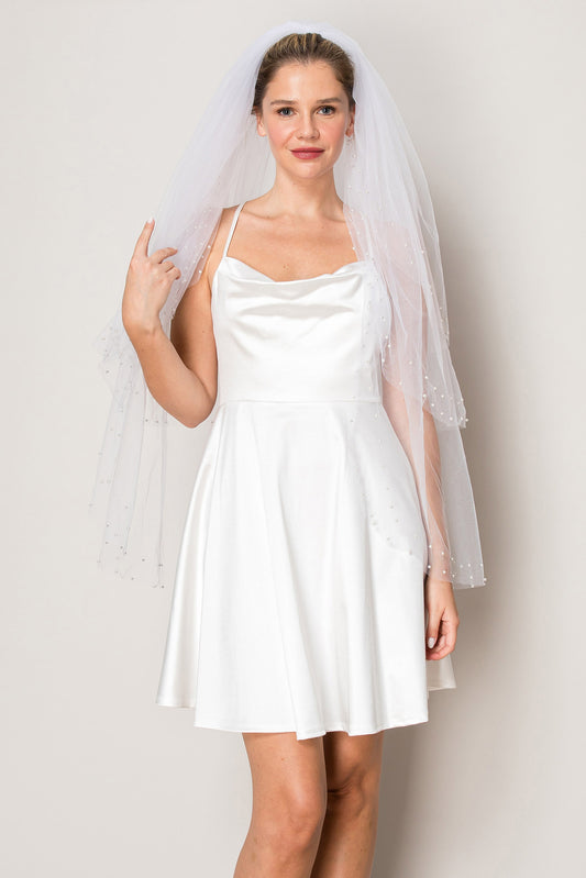 Angela  Three Layer Scattered Crystal Pearl Hip Length Wedding Veil