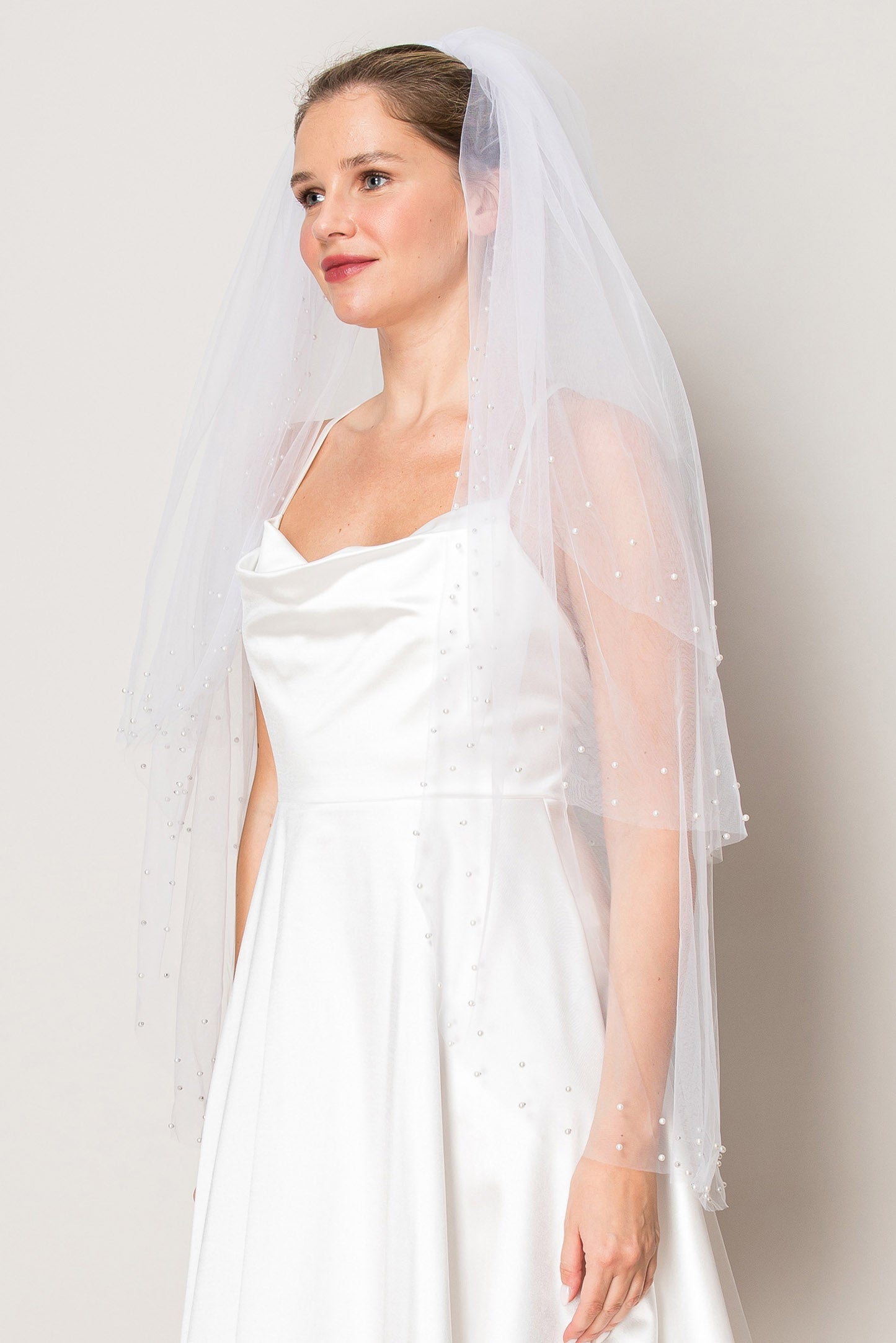 Angela  Three Layer Scattered Crystal Pearl Hip Length Wedding Veil