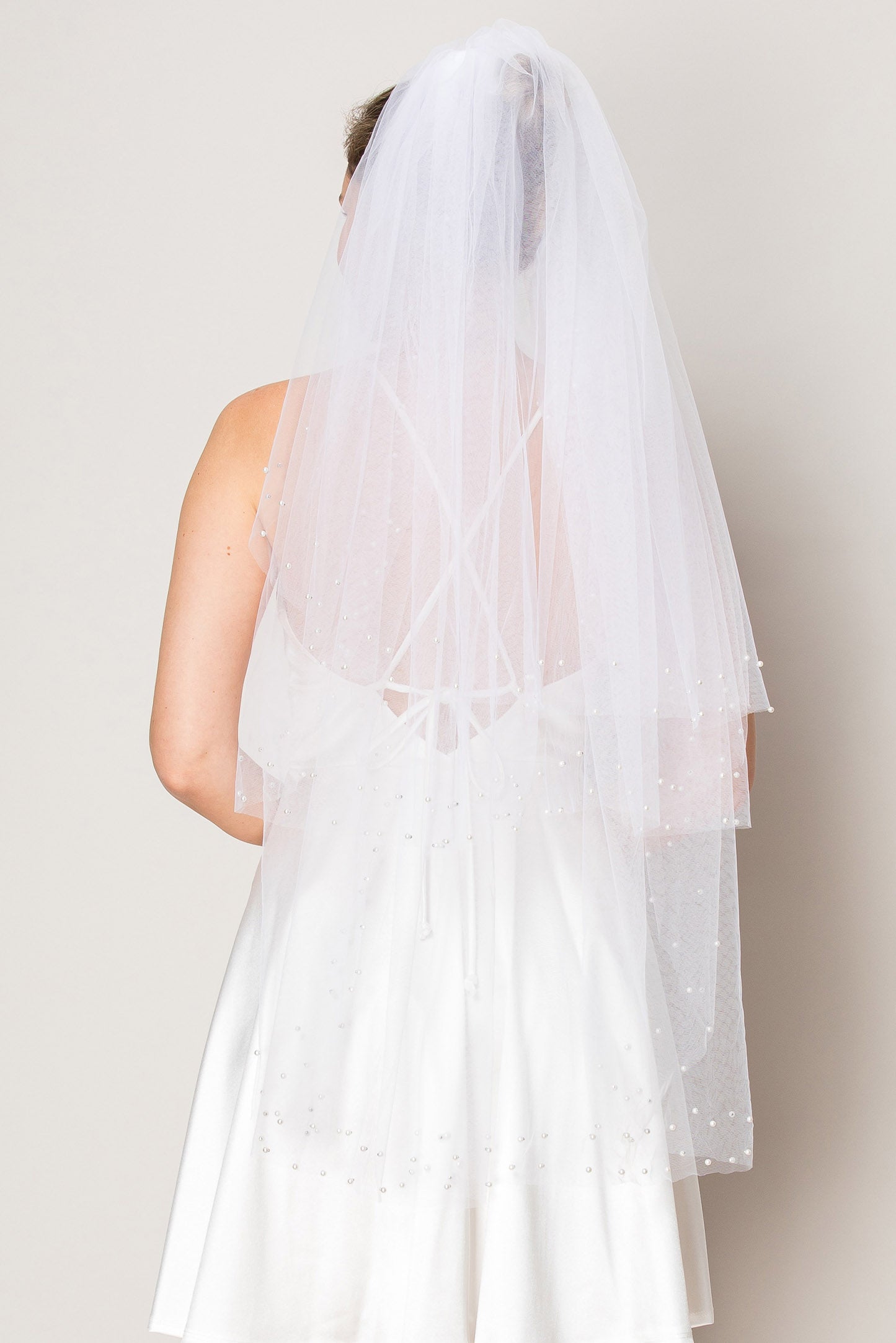 Angela  Three Layer Scattered Crystal Pearl Hip Length Wedding Veil