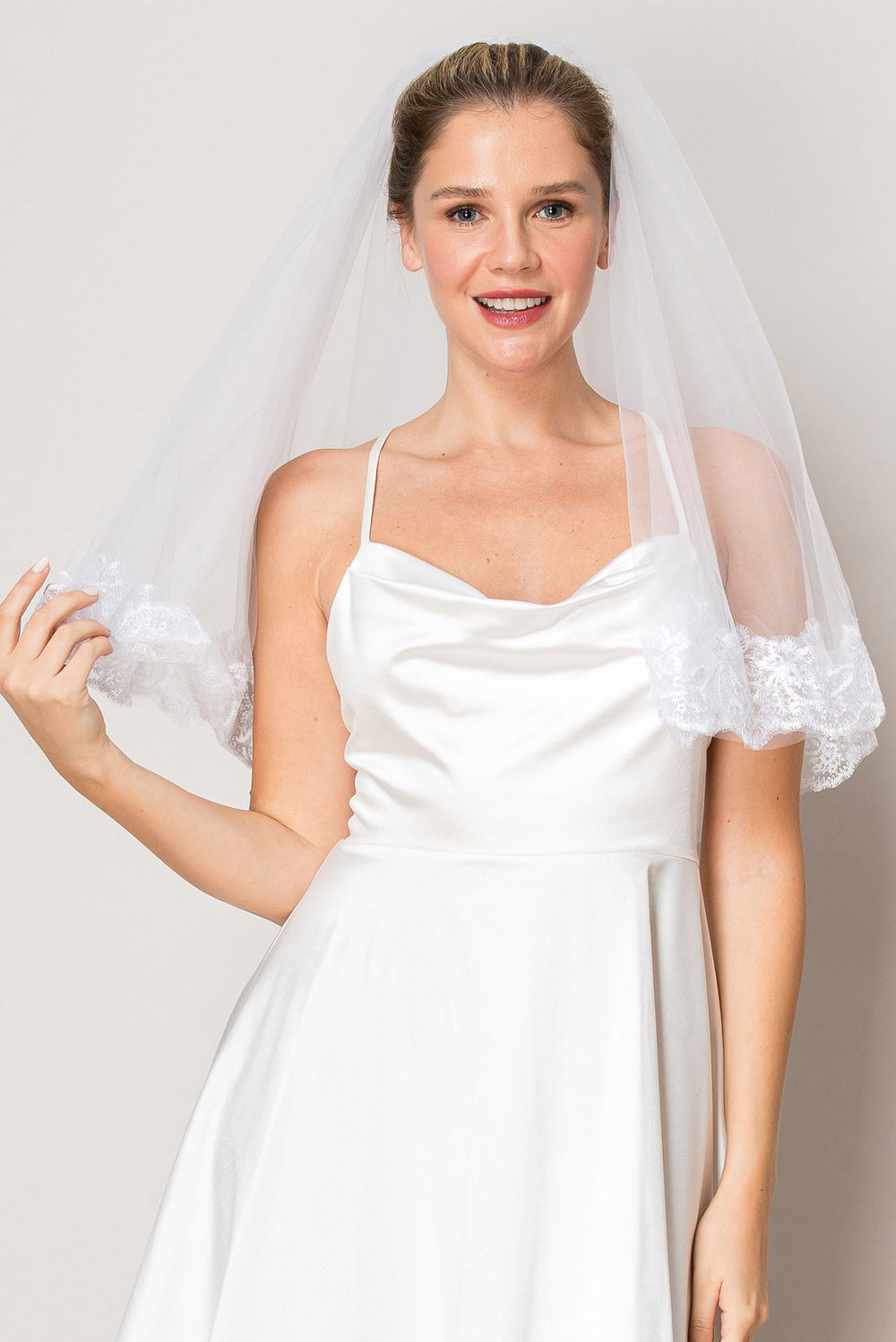 Rosemary White Two Layer Floral Lace Edge Waist Length Wedding Veil