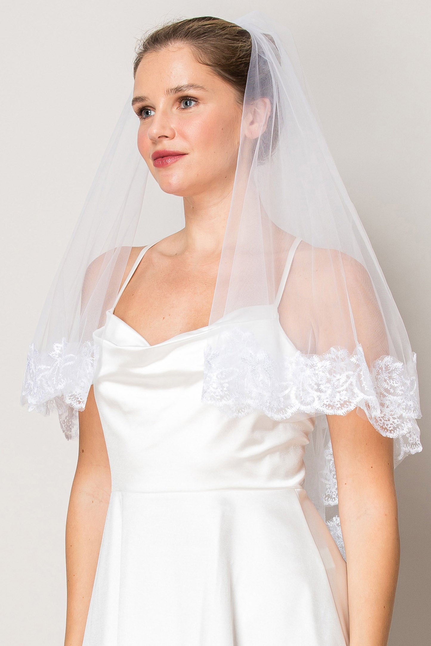 Rosemary White Two Layer Floral Lace Edge Waist Length Wedding Veil