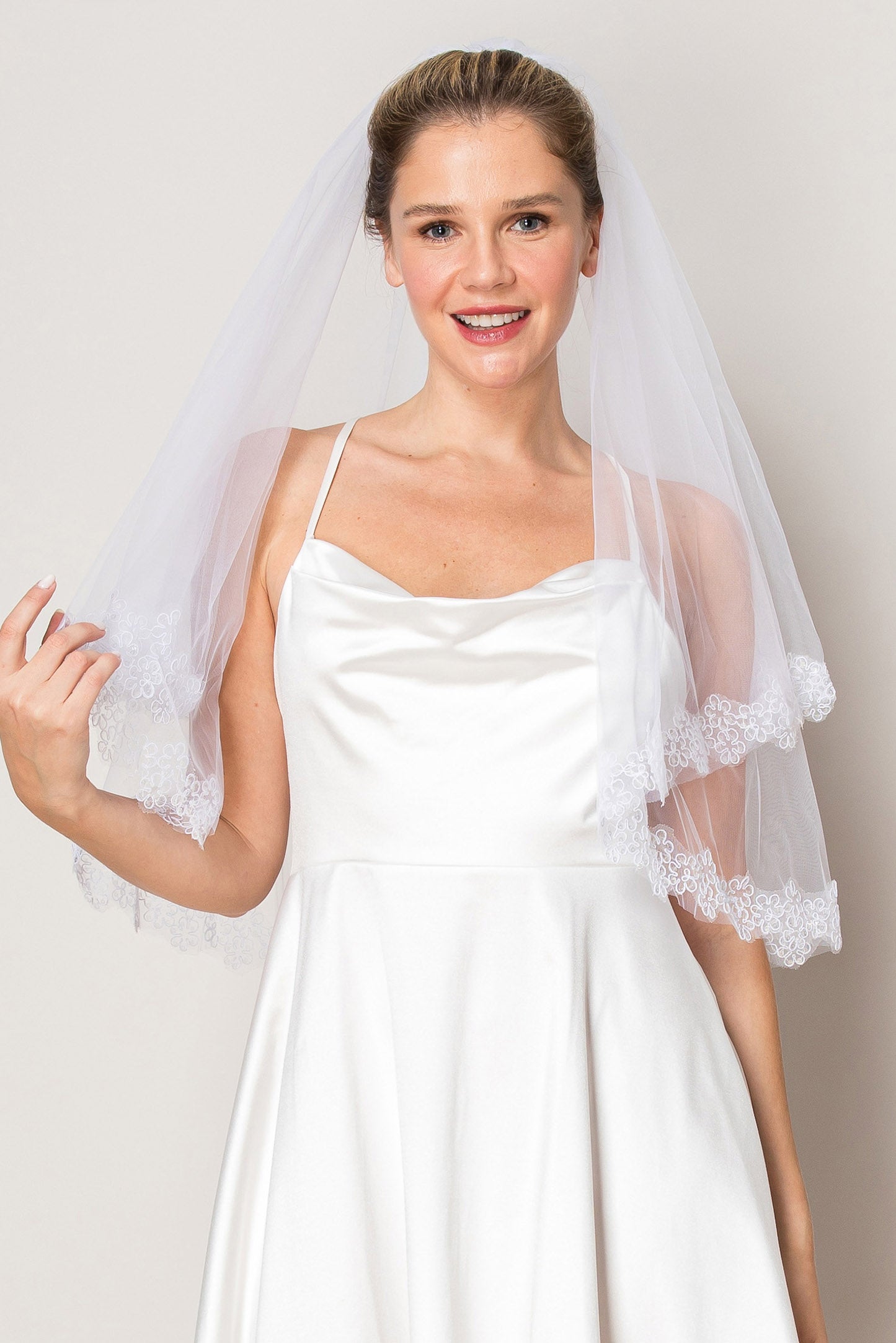 Brooke White Two Layer Floral Lace Edge Waist Length Wedding Veil