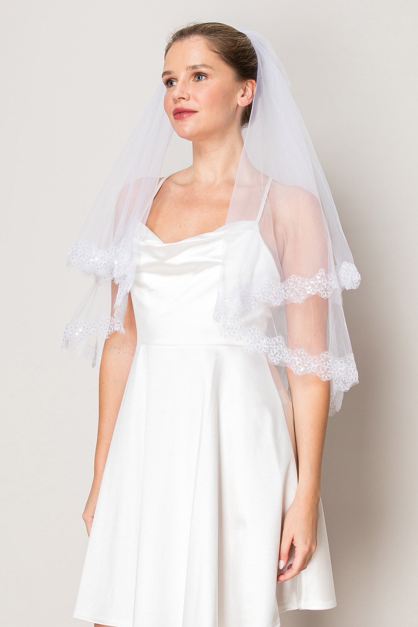 Brooke White Two Layer Floral Lace Edge Waist Length Wedding Veil