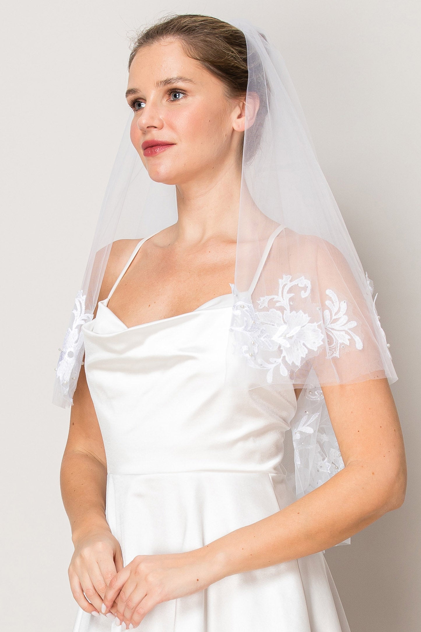 Nicole White Two Layer Floral Lace Edge Elbow Length Wedding Veil