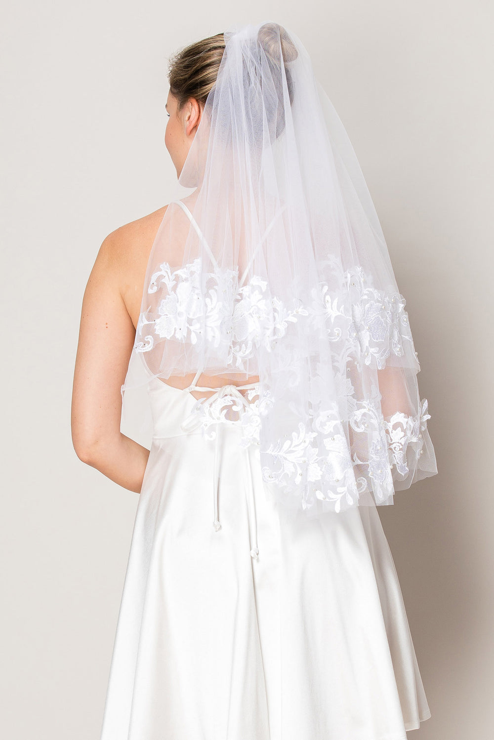 Nicole White Two Layer Floral Lace Edge Elbow Length Wedding Veil