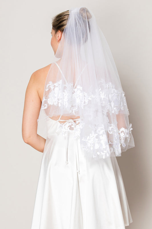 Nicole White Two Layer Floral Lace Edge Elbow Length Wedding Veil