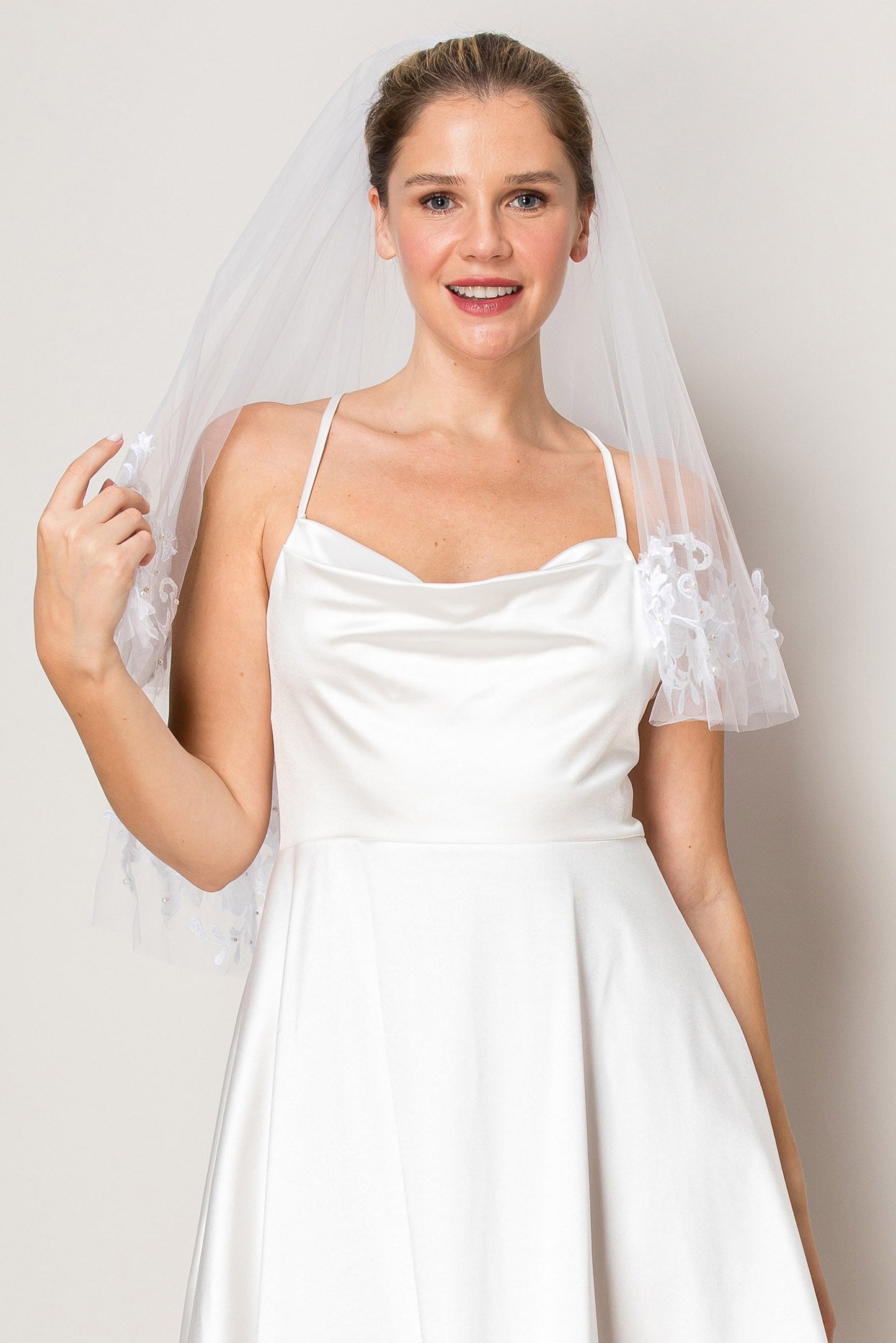 Nicole White Two Layer Floral Lace Edge Elbow Length Wedding Veil