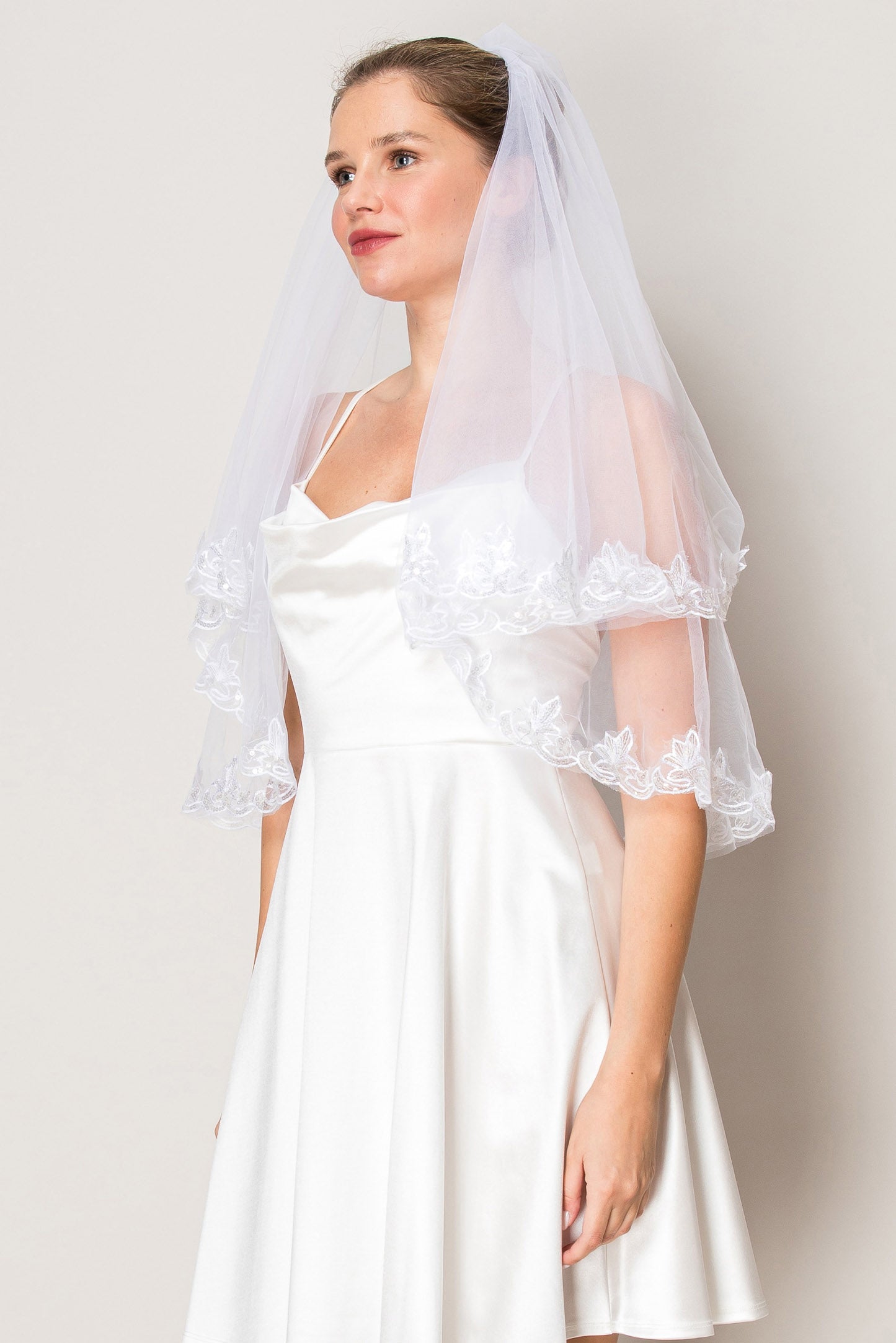 Lauren  2 Layer Floral Sequins Lace Edge Waist Length Wedding Veil