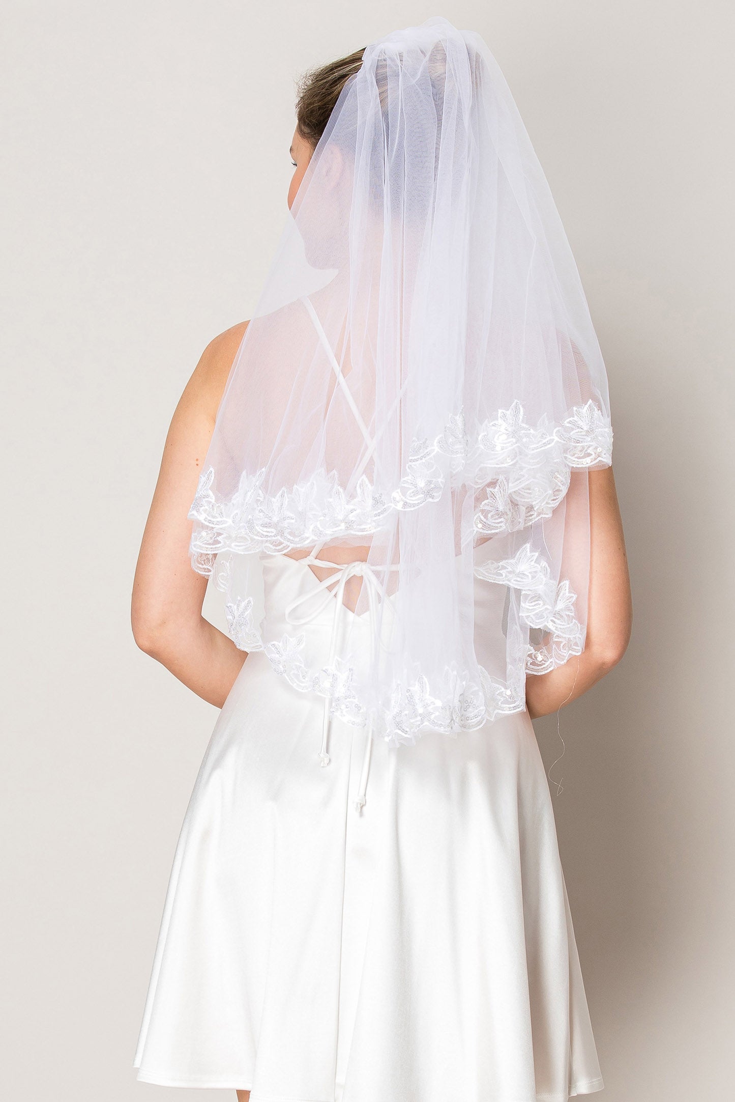 Lauren  2 Layer Floral Sequins Lace Edge Waist Length Wedding Veil