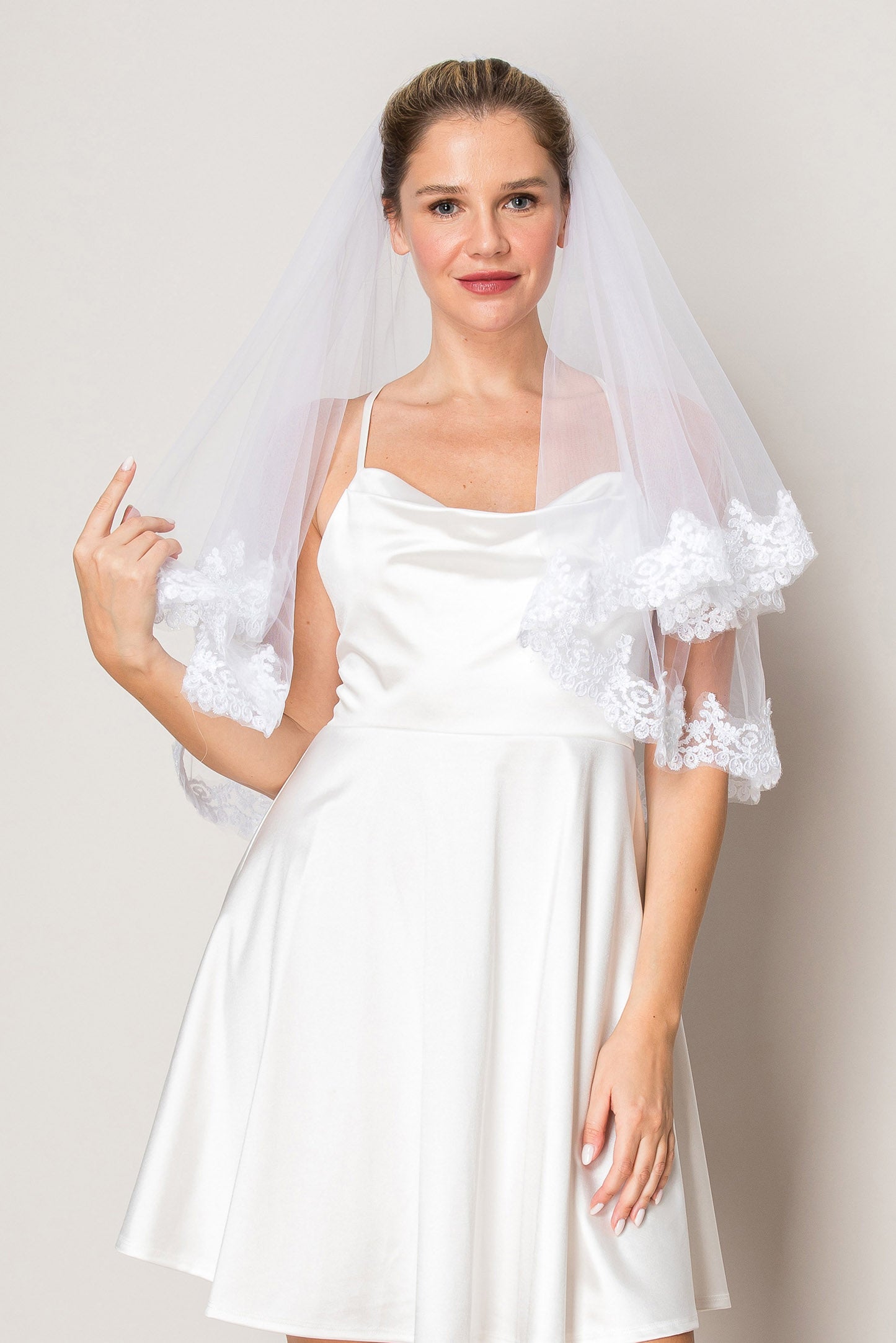 Sabrina White Two Layer Floral Lace Edge Waist Length Wedding Veil