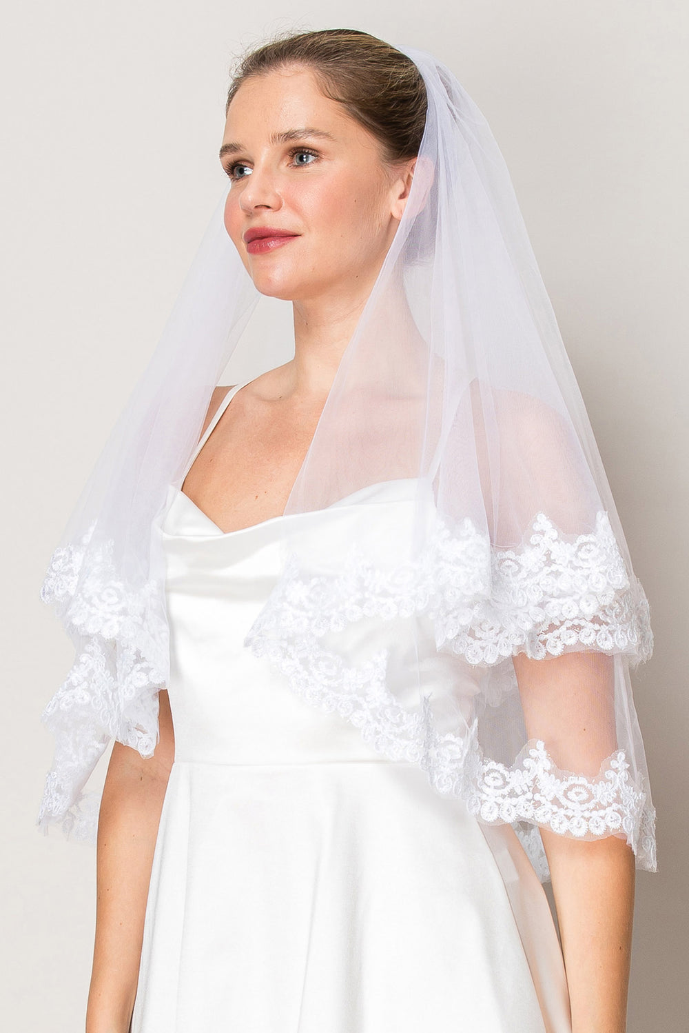 Sabrina White Two Layer Floral Lace Edge Waist Length Wedding Veil