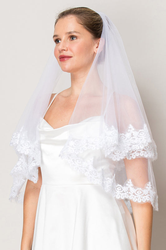 Sabrina White Two Layer Floral Lace Edge Waist Length Wedding Veil