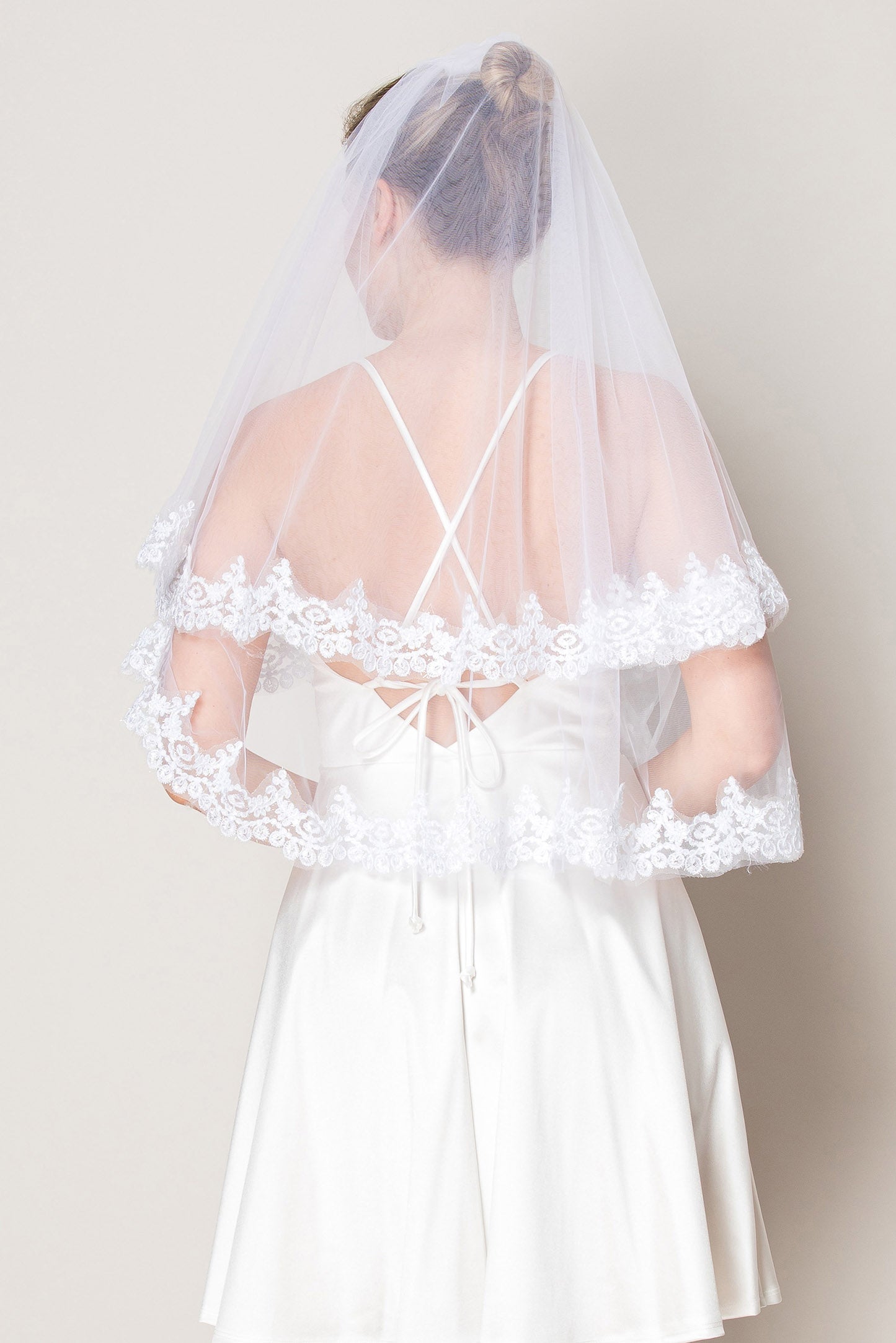 Sabrina White Two Layer Floral Lace Edge Waist Length Wedding Veil