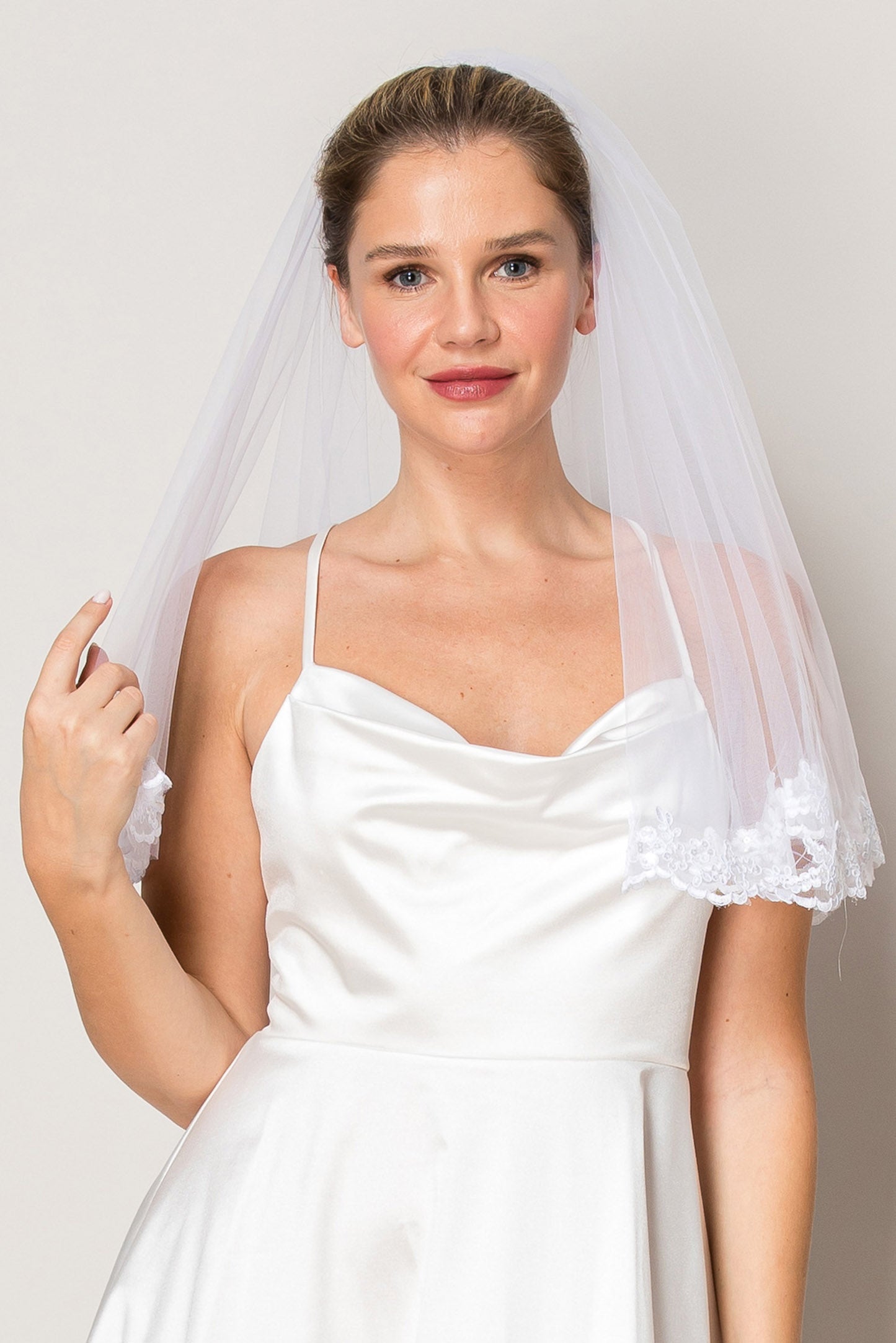 Elaine White Two Layer Floral Lace Edge Waist Length Wedding Veil
